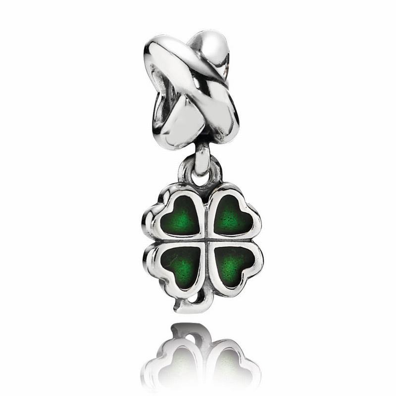 Pandora Four-leaf Clover Dangle Charm Ireland - Sterling Silver Oxidised/Enamel/Green - 135897NFW